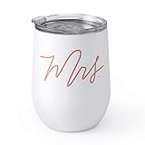 xo, Fetti Mrs Wine Tumbler - 12 oz Matte Stainless Steel Stemless Cup w/ Lid, White + Rose Gold | Gifts for Bride, Wedding Wine Mug, Engagement, Bridal Shower + Bachelorette