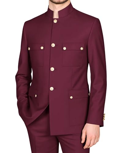 Men's 2 Pieces Stand Collar Chinese Tunic Suit Slim Fit Gold Button Suits for Men Jacket Pant Set Traditional Wedding