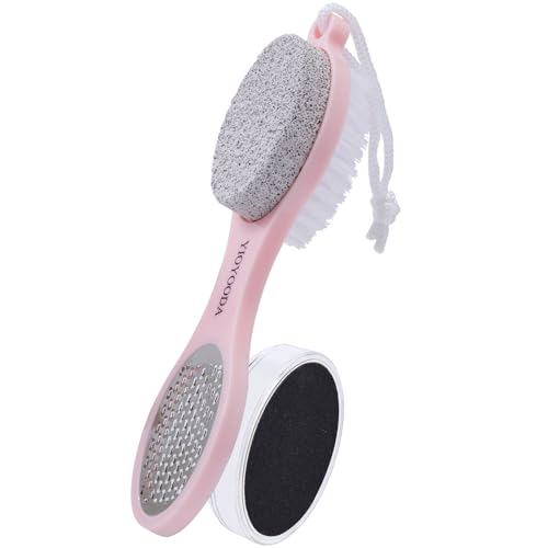 YIOYOODA Foot Scrubber Brush with Pumice Stone for Feet 5-in-1 Foot File Callus Remover Stainless Steel Feet Scraper Cleaning Brush and Sand Paper Debris Catcher Multi Purpose for Home Foot Care
