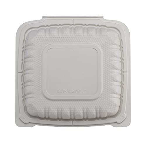 Tiya Clamshell Food Containers - White Bulk 150 Pack, 8X8In. - To-Go 3 Compartment Storage Containers - Microwavable Plastic Hinged Lid Restaurant Takeout Clamshells - Great For Meal Prep #TOP4