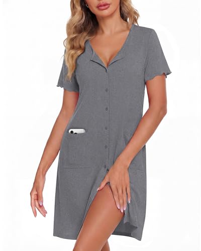 Image of ZOOSIXX Nightgowns for Women - Short Sleeve Sleepwear Button Up Pajamas for Women V-Neck Sleepwear Dress with Pockets