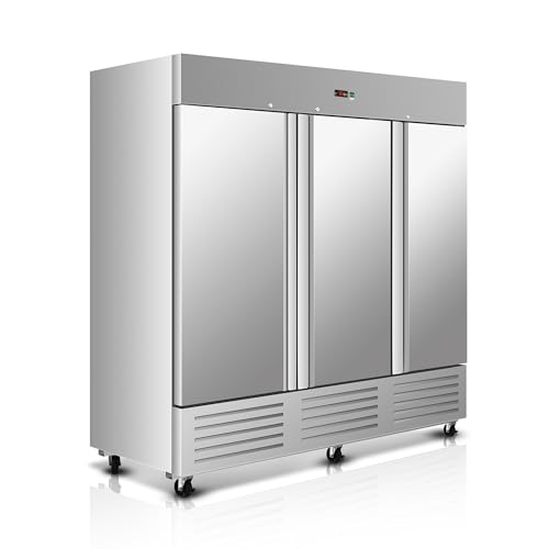 Image of 81 inch W Commercial Upright Freezer with Three-Door: 72 Cubic Feet Storage, Adjustable Shelving, Automatic Defrosting, Precision Digital Thermostat, LED Lights, Safety Locks