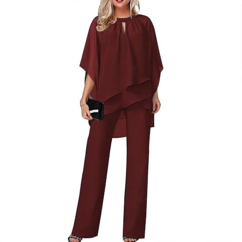 Conjuntos de 2 Piezas para Mujer, Trajes de pantalón Elegante para una Boda, Conjuntos de Pantalones Anchos de Gasa Irregular Formales para Fiestas de Noche (Red,XL)