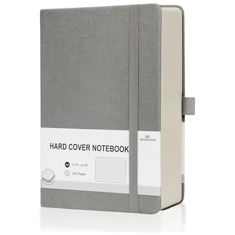 EMOMAS Lined Journal Notebook, 360 Numbered Pages(With page number), Thick Journal for Writing A5 College Ruled Notebook, 100gsm Lined Paper, Leather Hardcover, 5.75'' X 8.38''-Wall Gray Cover