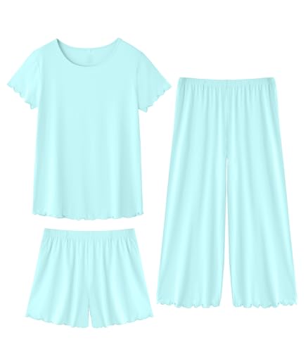 Image of WiWi 3 PCS Pajamas for Women Set Short Sleeve Pajama Sets Capri and Shorts Pj Sets Super Soft Cooling Sleepwear S-XXL
