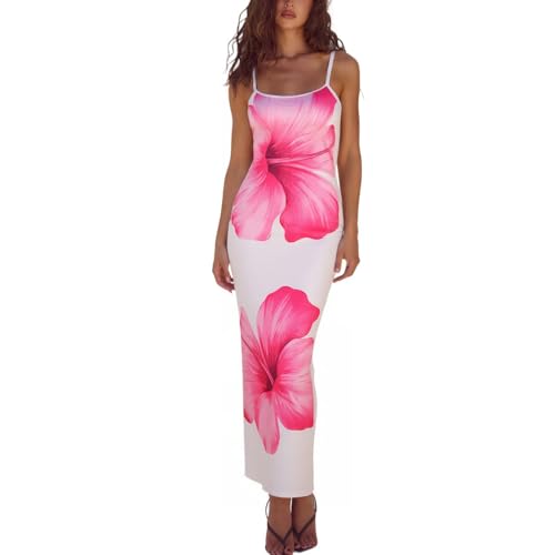 Image of Womens Summer Casual Floral Dresses Spaghetti Strap Bodycon Maxi Beach Dress Elegant Evening Party Long Dresses