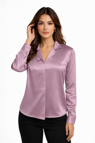 Image of Cuban Collar Cuffed Sleeves Formal Satin Shirt Style Top