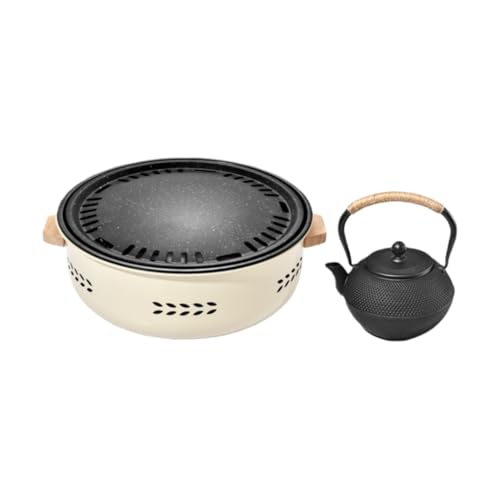 NYHGOXM 便携式 焚き火台 囲炉裏 バーベキューコンロ キャンプ用品 煮茶器 ??炉 バーベキューグリル 防?設計 35x35x11cm アウトドア BBQ セット (ティーセット:コンロ + 1200ml 鋳鉄ケトル + 収納バッグ + 三壬炭 +