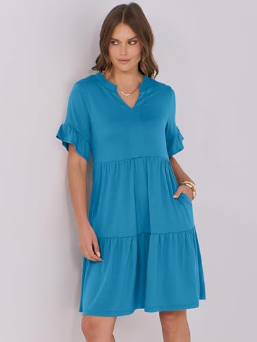 Image of ANRABESS Women's Summer Casual Dress, V-Neck Ruffle Sleeve Tiered Mini Dress, Soft Comfy Fabric with Pockets for All-Day Wear
