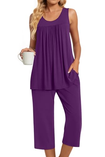Image of TAOHUADAO Womens Summer 2 Piece Pajama Sets, Sleeveless Tops with Capri Pants, Lounge Ladies Pjs Sets with Pockets