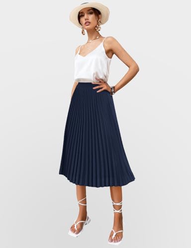 Women's Midi Skirt Elastic High Waist Pleated Skirt Knee Length Swing A-Line Casual Flowy Skirts 20254
