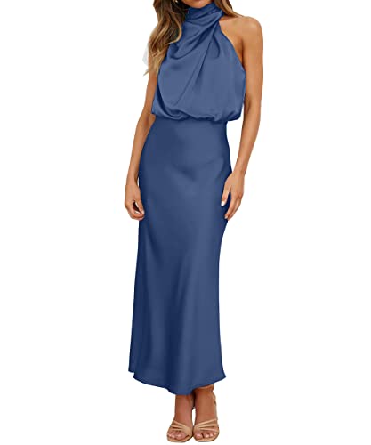 Hatant Satin Maxikleid für Damen Seide Hochzeitsgast Kleid Maxikleid Ärmellos Elegant Neckholder Wickelkleid Cocktailkleid, A-graublau, Mittel