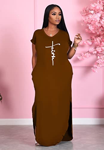 Image of Women Summer V Neck Loose Side Split Maxi Dresses with Pocket