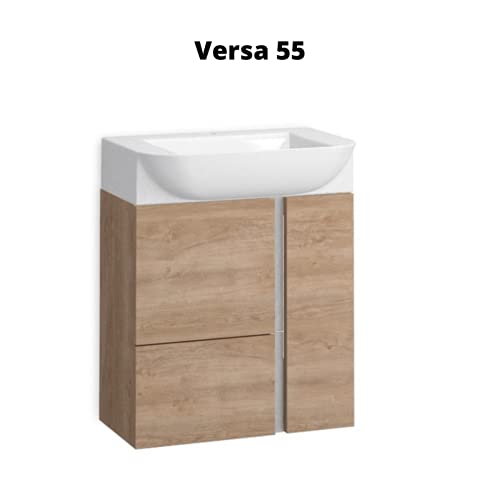 Coycama Mueble de Baño Suspendido a Pared Fondo Reducido Versa | Mueble Aseo Pequeño Volado 1 cajón 2 Puertas con Lavabo Cerámico (Roble Natural, 55 cm) - imagen 4