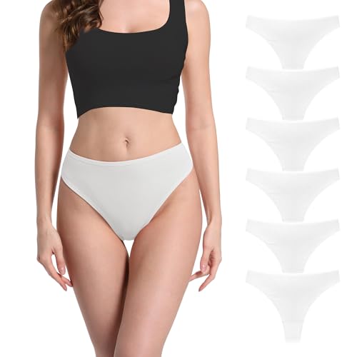 Image of 6 Pack Women's Ribbed Cotton Thongs High Waist Panties Underwear | GAREDOB 6 Pack Women's Ribbed Cotton Thongs High Waist Seamless Panties Plus Size High Rise No Show Underwear