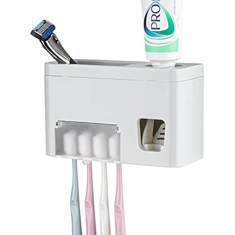 LUEXBOX Self Adhesive Toothbrush Holders Wall Mounted, Multifunction Toothpaste Stand with Covers, Automatic Toothpaste Dispenser for Bathroom, Toothbrush Hanger Rack for Dorm, Cabinet Cover