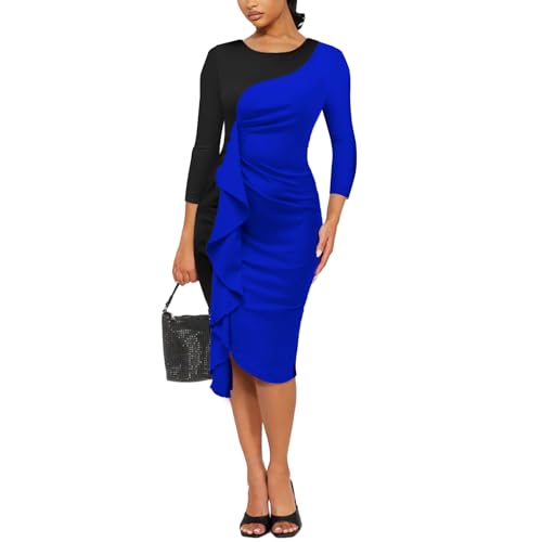 Women's Ruffle Wear to Work Dress, Long Sleeve Crew Neck Colorblock Sheath Bodycon Midi Dresses2