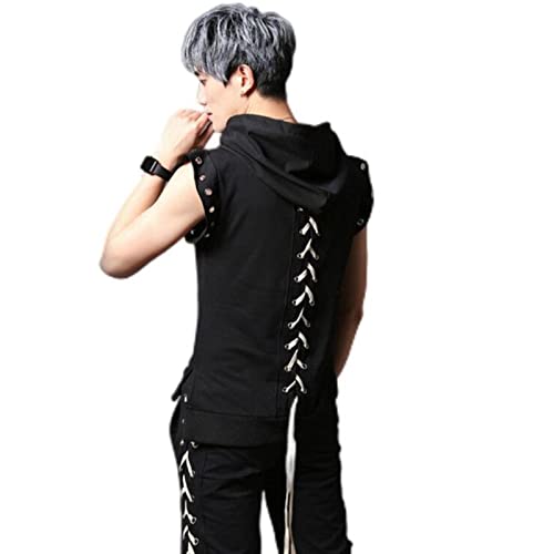 T-shirt à capuche punk à dos lacé vêtement hip-hop asymétrique pour homme taille L asiatique