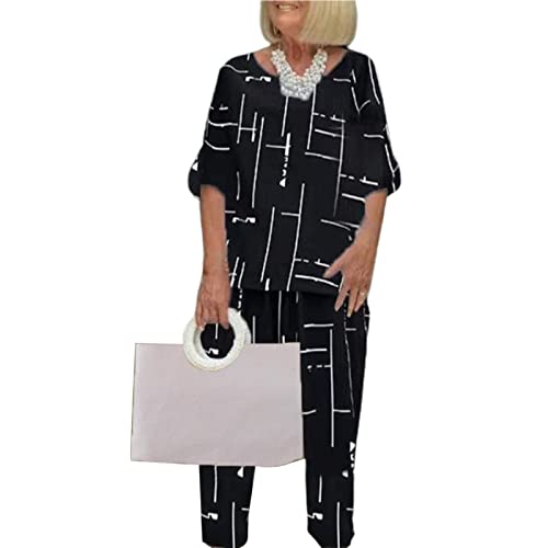 SHINROAD Conjunto de pantalones superiores para mujer, conjunto de blusa, pantalones de moda, estampado de retazos sueltos, traje de mujer, traje de vacaciones, negro, talla XL