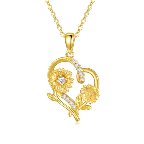 SISGEM 14K Real Gold Sunflower Heart Necklaces for Women,You Are My Sunshine Yellow Sunflower Pendant with Loving Heart Necklaces Jewelry Gift for Her, Gold Chain 18