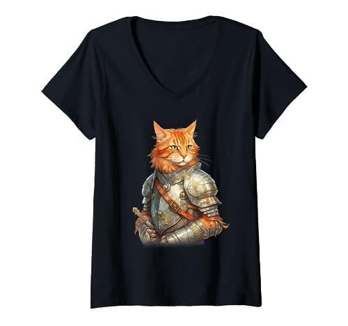 Feline Knight Templer Die Kreuzritterkatze T-Shirt mit V-Ausschnitt