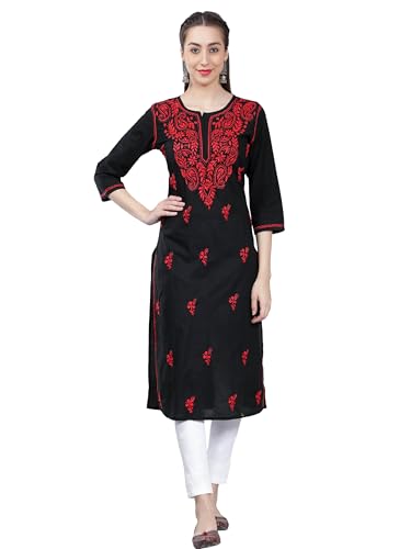 Image of Seva Chikan Hand Embroidered Lucknowi Chikankari Regular Straight Cotton Kurta Kurti for Women SCL4243