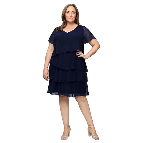 Image of S.L. Fashions Women's V-Neck Chiffon Cocktail Dress with Beaded Shoulders and Asymmetrical Tiers (Petite and Regular Sizes)