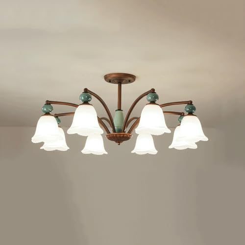 Lustre médiéval dimmable avec 8 têtes en verre craquelé floral au fini mat