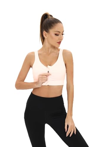 Reggiseno sportivo chirurgico con chiusura frontale con cerniera, reggiseno post-chirurgia mastectomia a compressione per allattamento con cuscinetti rimovibili, Nude, XL