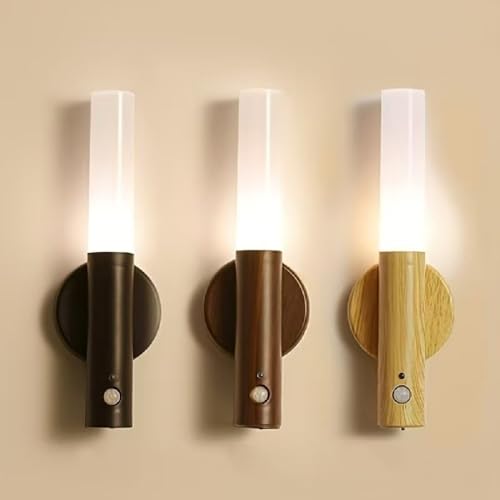 Image of Rechargeable Motion Sensor Night Light, Magnetic Portable BedsideLight, Battery Powered LED Wall Light, Wireless Stair Light for Bathroom, Hallway, Bedroom(Walnut Wood 2PCS)