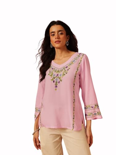 Image of QAZMI Women's Amina Kashmiri Embroidered V-Neck Short Kurti
