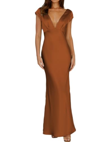 Image of Halfisland Womens Summer Satin V Neck Cap Sleeve Midi Dress Wedding Guest | 2026 Summer,Backless,Hollow Out,Long,Formal,Cocktail,Twist,Bridesmaid,Party,Baby Shower,Short Sleeve,Beach,Elegant,Evening