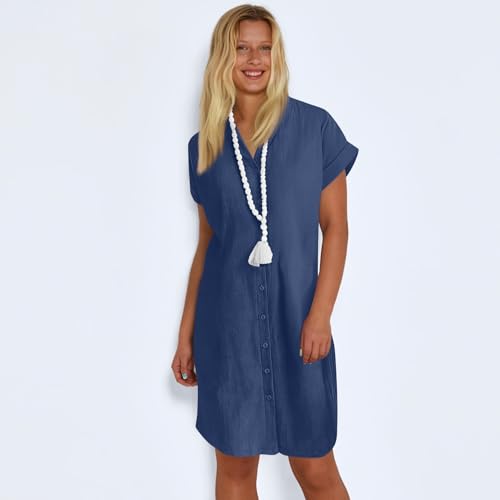 Womens Short Sleeve Midi Linen Dresses,Summer Fall Trendy V Neck Linen Button Down Slim Fit Plain Knee Length Dress2
