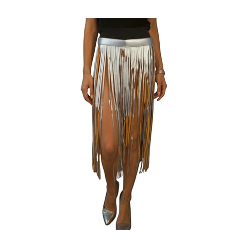 Women Skirt Fashion Belt - Wrap Around Long Faux Leather Waistband Fringes Tassel XS S Beige Silver4