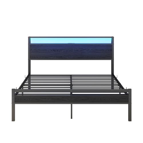Queen Bed Frame With Storage Headboard/LED Lights, Metal Platform With Charging Station, No Box Spring Needed, Heavy Duty Slats, No Noise, Black by HOJINLINERO - Used condition - Image 9