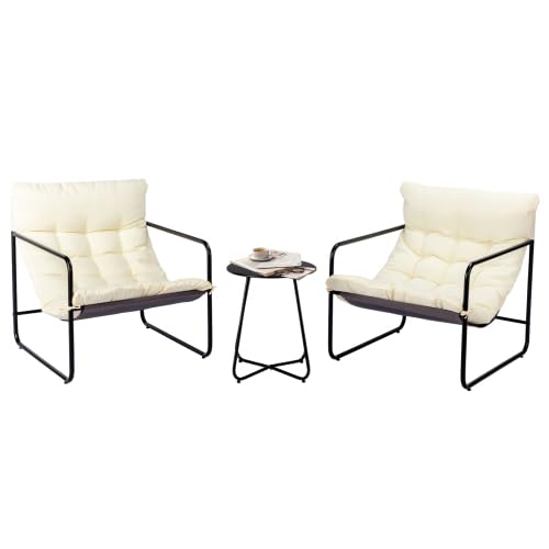 Bonnlo Salon de Jardin Exterieur 2 Personnes, Ensemble Fauteuil Salon et Table Basse, Meuble Exterieur avec Coussin Épais Amovible pour Balcon/Terrasse, Blanc