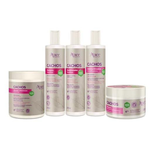 Apse Kit Completo 5 Itens Tratamento Cachos - Shampoo, Condicionador, Máscara, Ativador e Gelatina - Enrichecido com D Pantenol, Karité, Óleo de Coco e Aloe Vera - Para Cabelos Ondulados e Cacheados