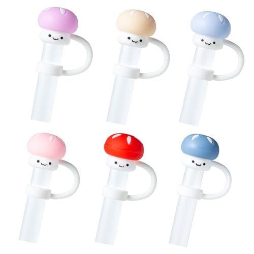 6Pcs Cute Mushroom Straw Cover Cap for Stanley Cup Decor, 10mm Reusable Cute Pink Drinking Straw Topper Accessories for, Portable Protector Plugs Decorations Gifts for Kids Party Favors