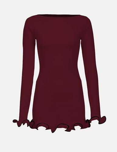 Image of ISZPLUSH Women's Sexy Bodycon Ruffle Hem Knit Dress Crew Neck Long Sleeve Slim Club Party Mini Dress
