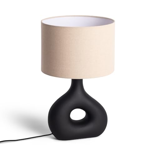 LEDKIA LIGHTING - Lámpara de Mesa Cerámica Idala | Estilo Boho Chic | Pantalla de Tela Beige | Casquillo E27 | Uso Interior IP20, Negro, Cerámica, Tela