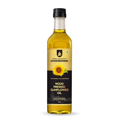 Image of Shree Aanantam Wood Cold Pressed Sunflower Oil - 1L | Glass Bottle | Kolhu /Chekku | Extracted on Wooden Churner | Natural | Chemical-Free | Cold Pressed Sunflower Oil for Cooking