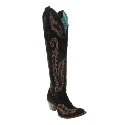 Corral Boots Womens Gold Embroidery Black Suede Tall J Toe Casual Boots Over the Knee Mid Heel 2-3" - Black2