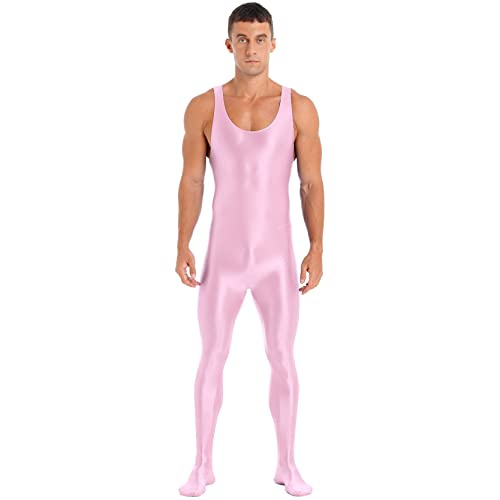 inlzdz Herren Ganzkörper Overall Ärmellos Einteiler Jumpsuit Bodysuit Gymnastikanzug Slim Fit Sportbody Männer Glossy Unterhemd Catsuit Clubwear Rosa XL