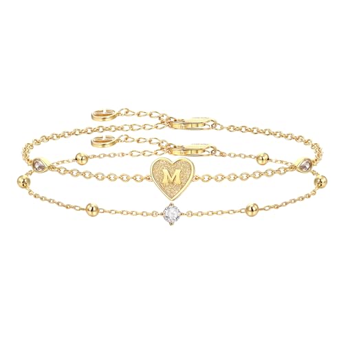 Cicy Bell Gold Initial Bracelets for Women Dainty 18K Gold Plated Layered Cubic Zirconia Bracelet Personalized 26 Alphabet Monogram Charm Bracelet