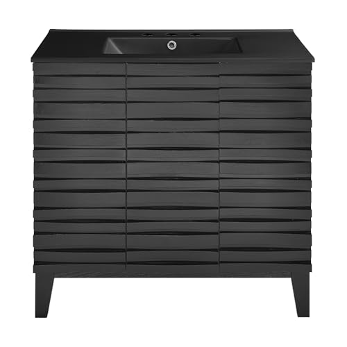 Image of Swiss Madison Cascade 36 in. Black Oak Bathroom Vanity with Black, 3-Hole Ceramic Sink Top