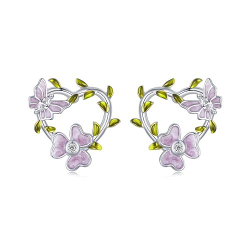 Boucles d'oreilles argent 925 fleur glycine papillon cœur pour femme