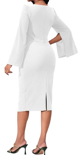 Image of Dresses for Women Elegant Long Sleeves Ruffles Pencil Knee Length Split Business Dress with Belt Zipper