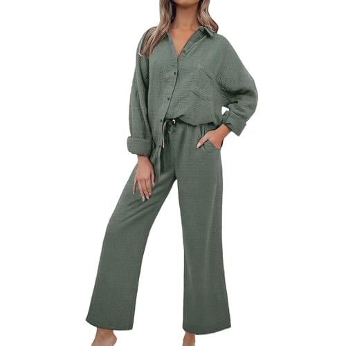 2 Piece Outfit for Women Casual Pajamas Lounge Set Lightweight Lapel Button Down Shirt Drawstring Wide Leg Pant Sets2
