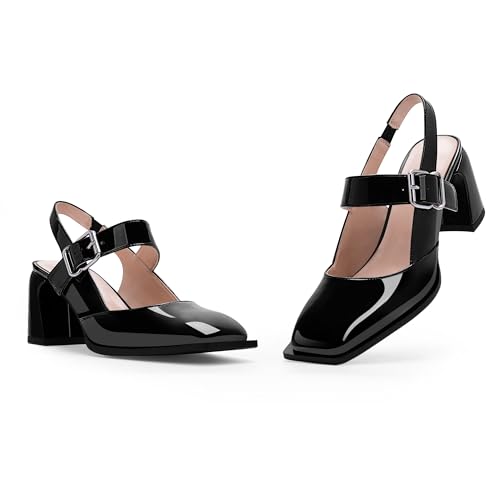 Women's Slingback Heels Square Toe Chunky Heel Buckle Strap Mary Janes Pumps Dress Shoes3