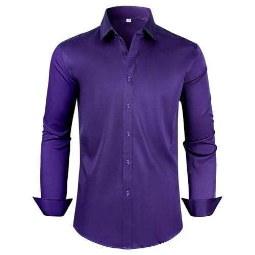 Mens Dress Shirts Long Sleeve Collared Shirt Wrinkle Resistant Formal Shirts Business Casual Button Down Shirt Small 00105_dark Purple